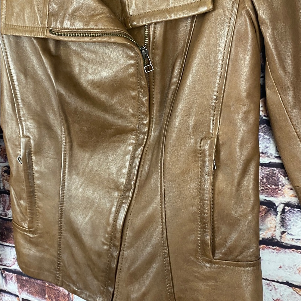 Danier Tan Brown Soft Classic genuine Leather Moto Biker Zip Up Jacket Sz S - Picture 12 of 17